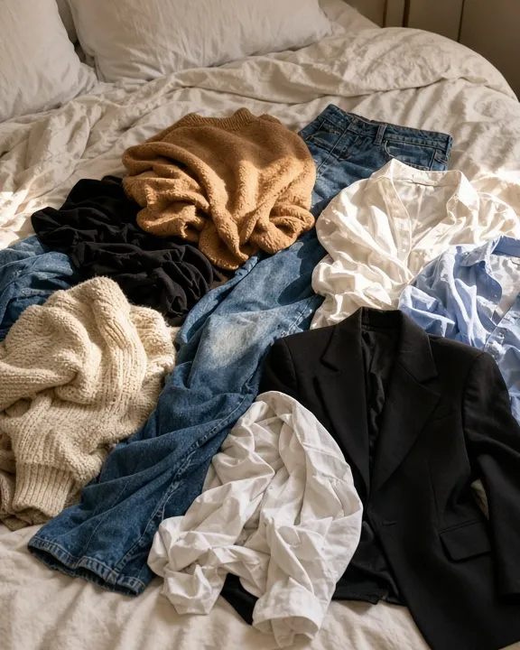 A bed covered in tried-on clothes