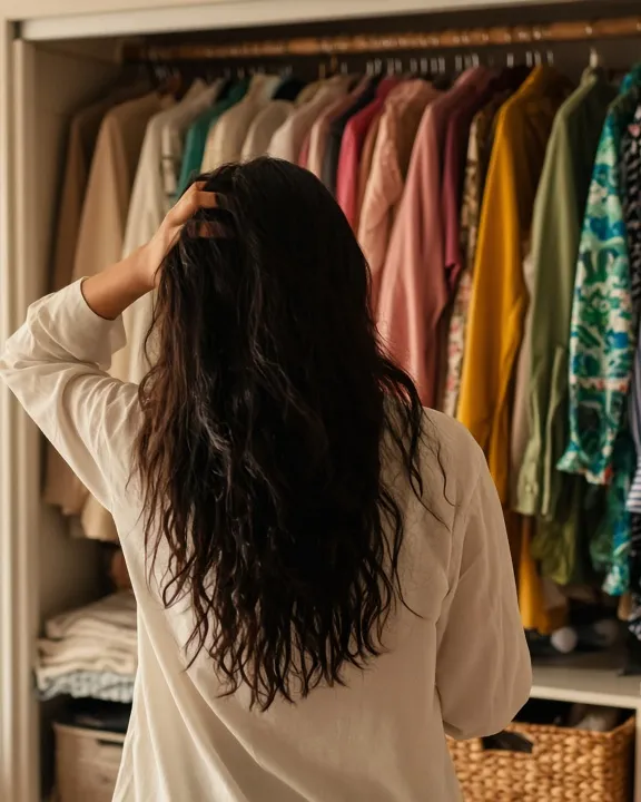 A woman seen from behind, standing in front of a full closet