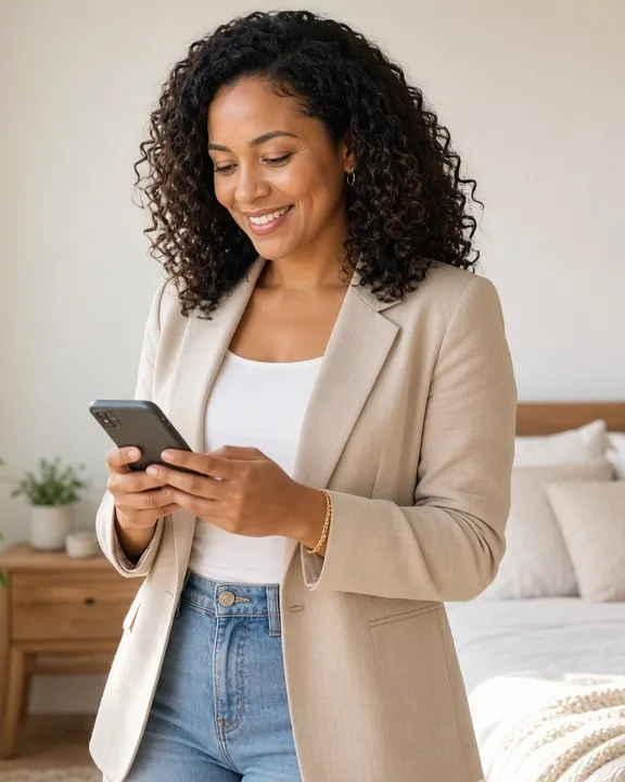A smiling woman in a blazer checking her outfit on her phone